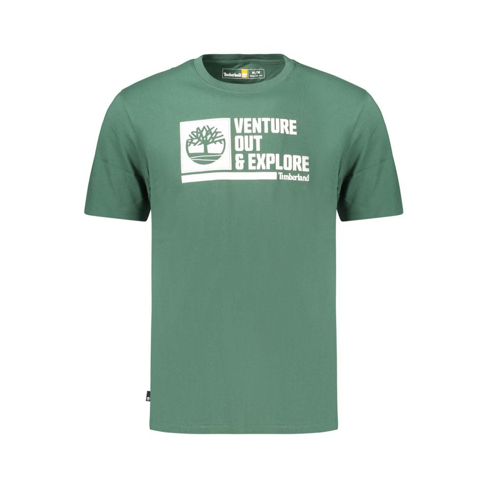 Timberland green cotton men's T-shirt displayed flat, showcasing the casual short-sleeve design and classic fit.