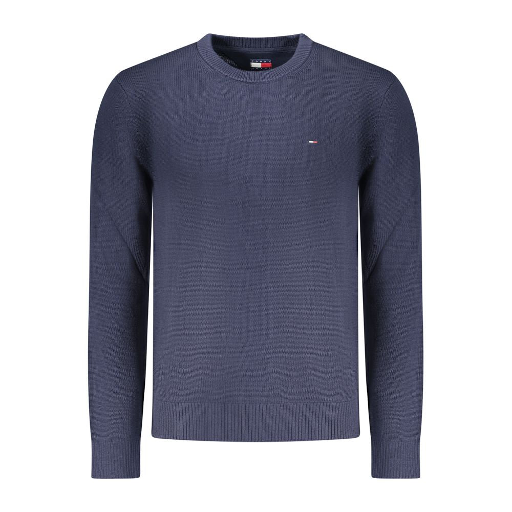 Tommy Hilfiger blue cotton men's sweater with crewneck and long sleeves, casual style, displayed on a hanger.