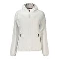 Norway 1963 white polyester women's jacket displayed on a hanger, showcasing its classic design and smooth fabric.