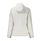 Norway 1963 white women's polyester jacket with a classic design, featuring a front zipper and collar, displayed on a hanger.