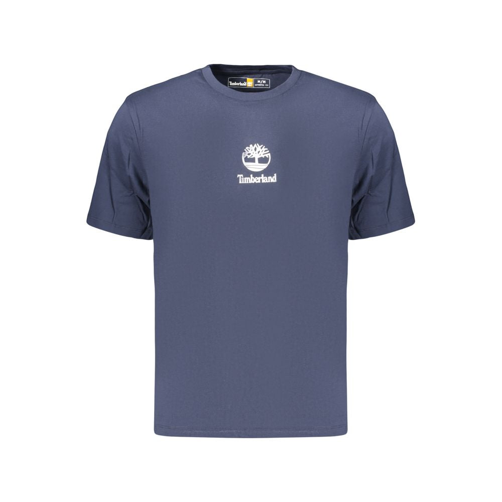 Timberland blue cotton men's T-shirt with short sleeves and round neckline, casual style, displayed on a hanger.