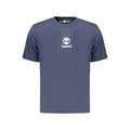 Timberland blue cotton men's T-shirt with short sleeves and round neckline, casual style, displayed on a hanger.