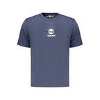 Timberland blue cotton men's T-shirt with short sleeves and round neckline, casual style, displayed on a hanger.