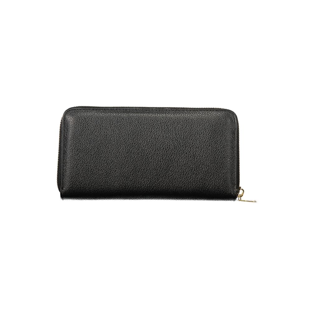 Mario Valentino black polyurethane women's wallet with multiple card slots and a sleek, compact design.