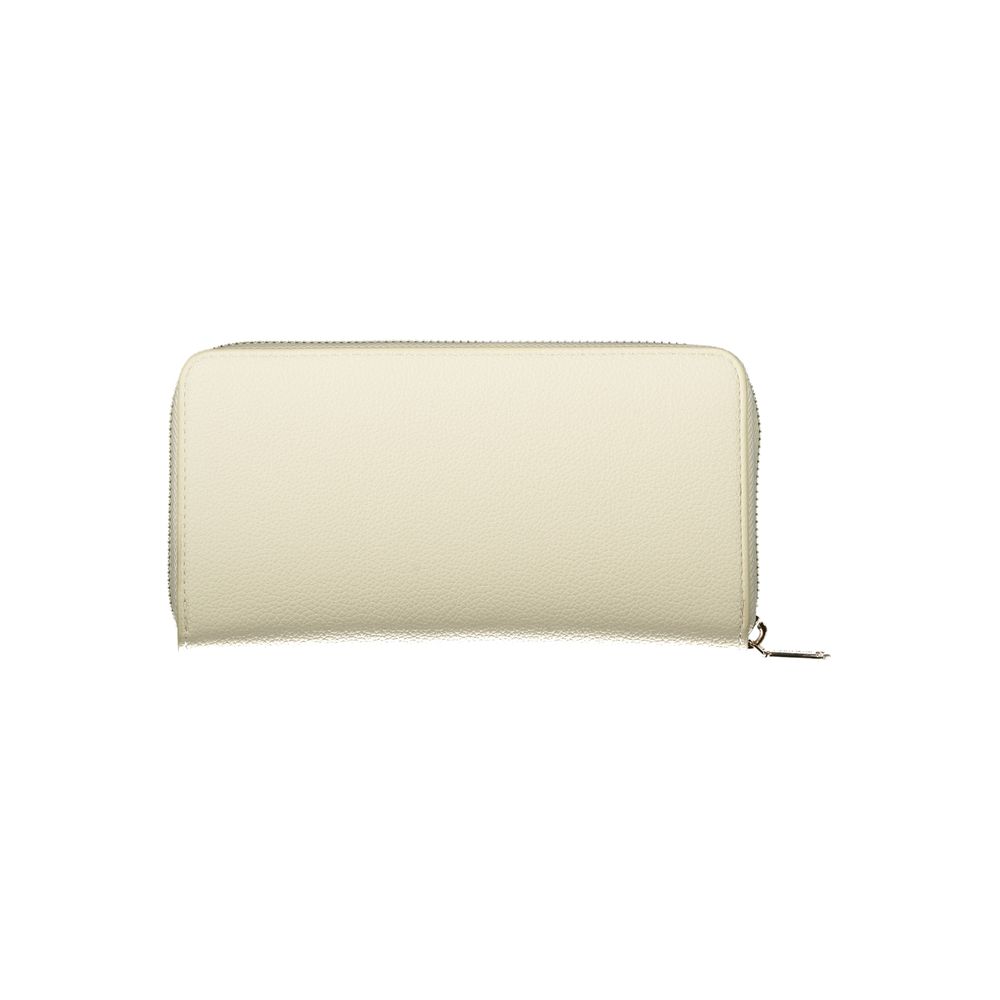 Mario Valentino beige polyurethane women's wallet with multiple card slots and a sleek, minimalist design.