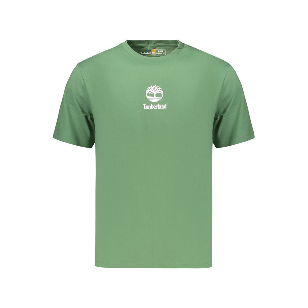 Green cotton men's T-shirt by Timberland, featuring a classic fit and soft fabric, displayed on a hanger.