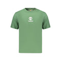 Green cotton men's T-shirt by Timberland, featuring a classic fit and soft fabric, displayed on a hanger.