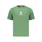 Green cotton men's T-shirt by Timberland, featuring a classic fit and soft fabric, displayed on a hanger.