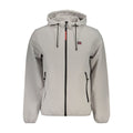 Gray polyester men's jacket from Norway 1963 with a classic fit and button front, shown on a hanger.