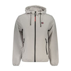 Gray polyester men's jacket from Norway 1963 with a classic fit and button front, shown on a hanger.