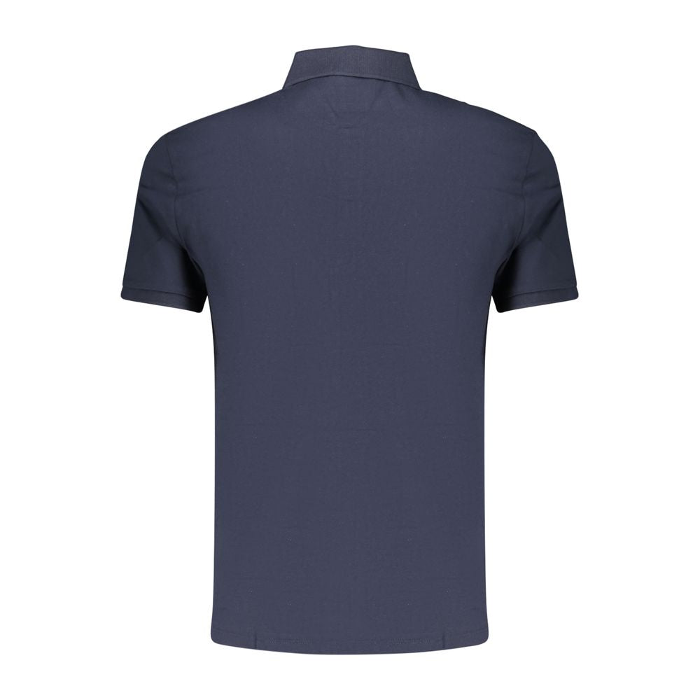 Calvin Klein blue cotton men's polo shirt with short sleeves and collar, displayed on a plain background.