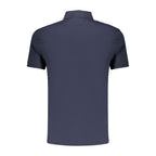 Calvin Klein blue cotton men's polo shirt with short sleeves and collar, displayed on a plain background.