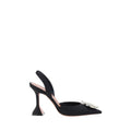 Amina Muaddi black satin high heel pumps with sleek pointed toes and elegant stiletto heels.