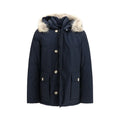 Woolrich blue cotton parka with hood, front zipper, and side pockets, suitable for casual outdoor wear.