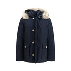 Woolrich blue cotton parka with hood, front zipper, and side pockets, suitable for casual outdoor wear.