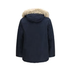 Woolrich blue cotton parka with a hood and front pockets, stylish and warm outerwear for cold weather.