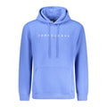 Tommy Hilfiger blue cotton men's sweatshirt displayed on a hanger, featuring the brand's logo and classic crewneck design.