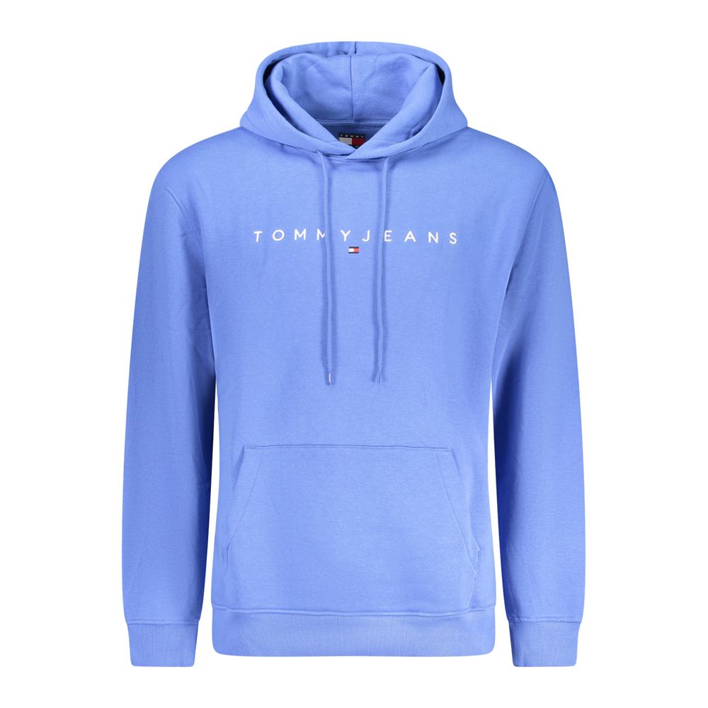 Tommy Hilfiger blue cotton men's sweatshirt displayed on a hanger, featuring the brand's logo and classic crewneck design.