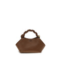 Ganni brown recycled leather handbag with structured design and top handle, showcasing eco-friendly fashion style.