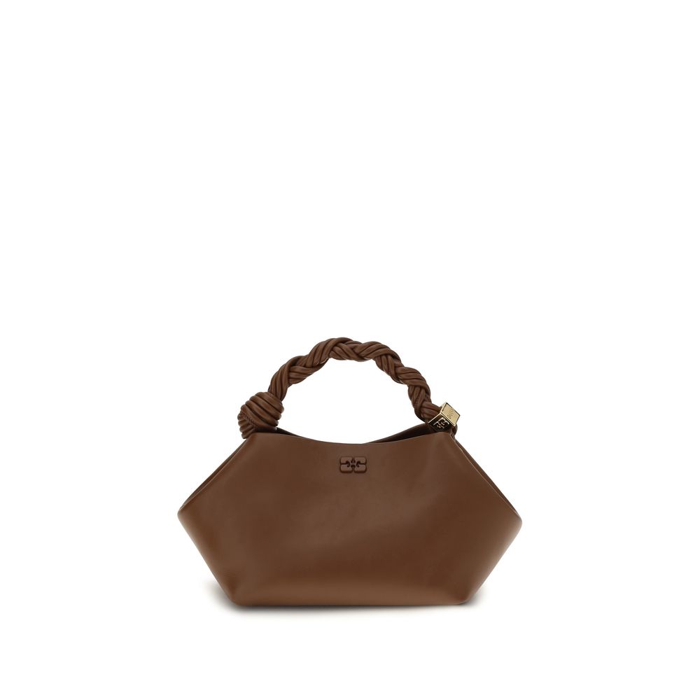 Ganni brown recycled leather handbag with structured design and top handle, showcasing eco-friendly fashion style.