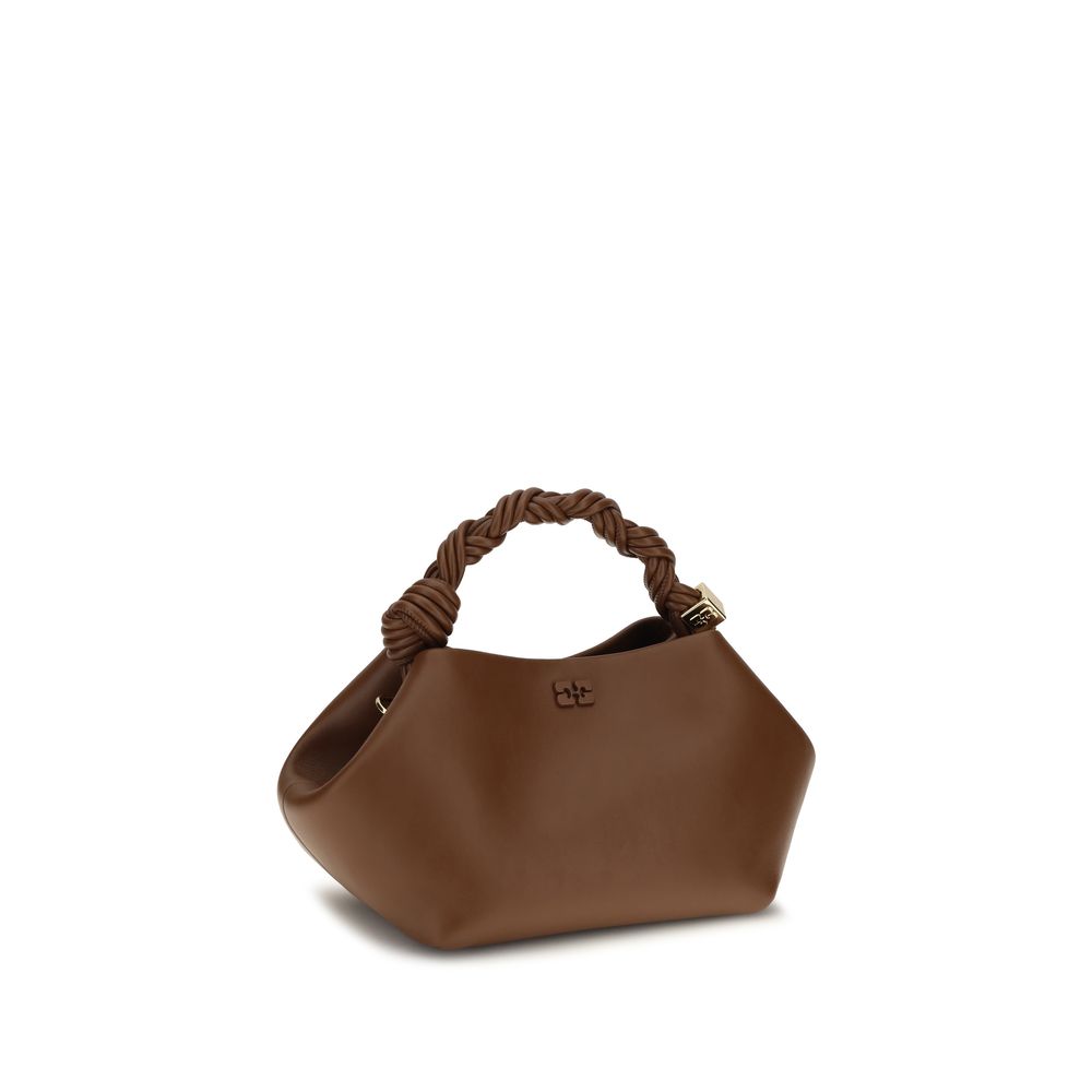Ganni brown recycled leather handbag with top handles and minimalist design, perfect for stylish everyday use.