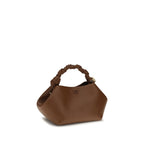 Ganni brown recycled leather handbag with top handles and minimalist design, perfect for stylish everyday use.