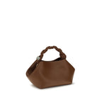 Ganni brown recycled leather handbag with sleek design and top handle, featuring subtle stitching and minimalist style.