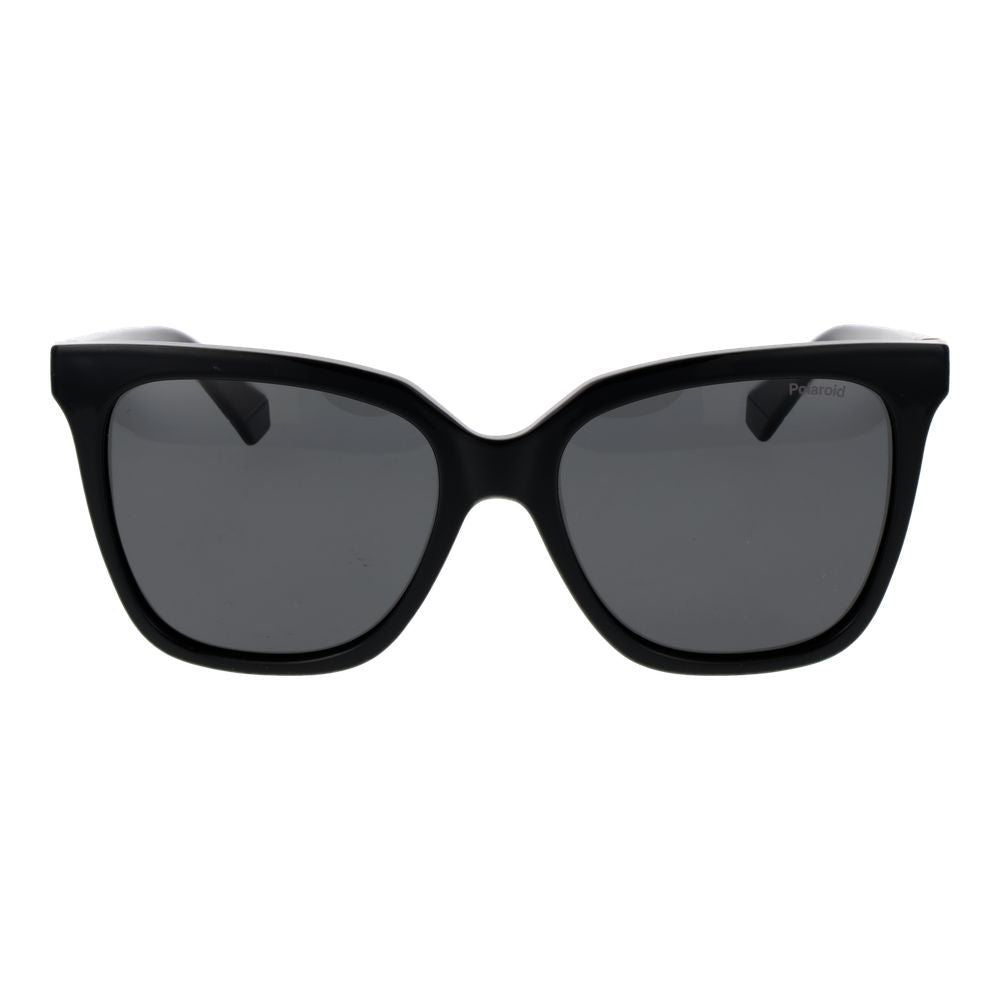 Polaroid black polycarbonate sunglasses with sleek frame and tinted lenses, designed for UV protection and stylish outdoor wear.