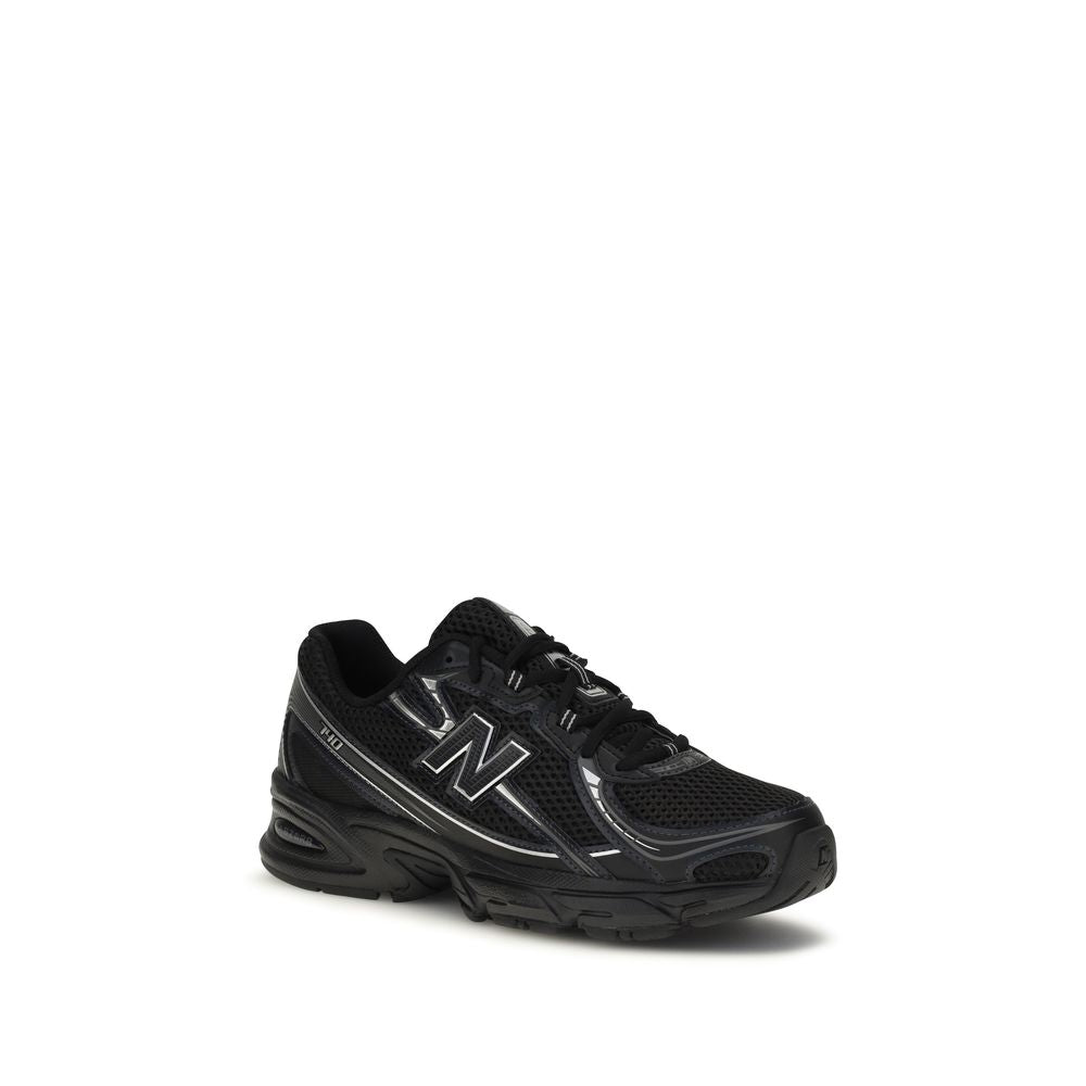 Black New Balance athletic sneakers with polyamide uppers, featuring a sleek design and cushioned soles for sports and casual wear.