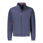 Norway 1963 blue men's polyester jacket with front zipper and collar, displayed on a hanger.