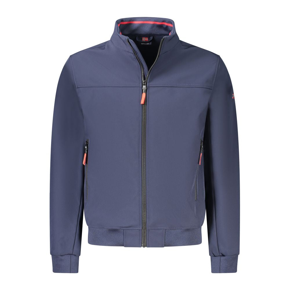 Norway 1963 blue men's polyester jacket with front zipper and collar, displayed on a hanger.
