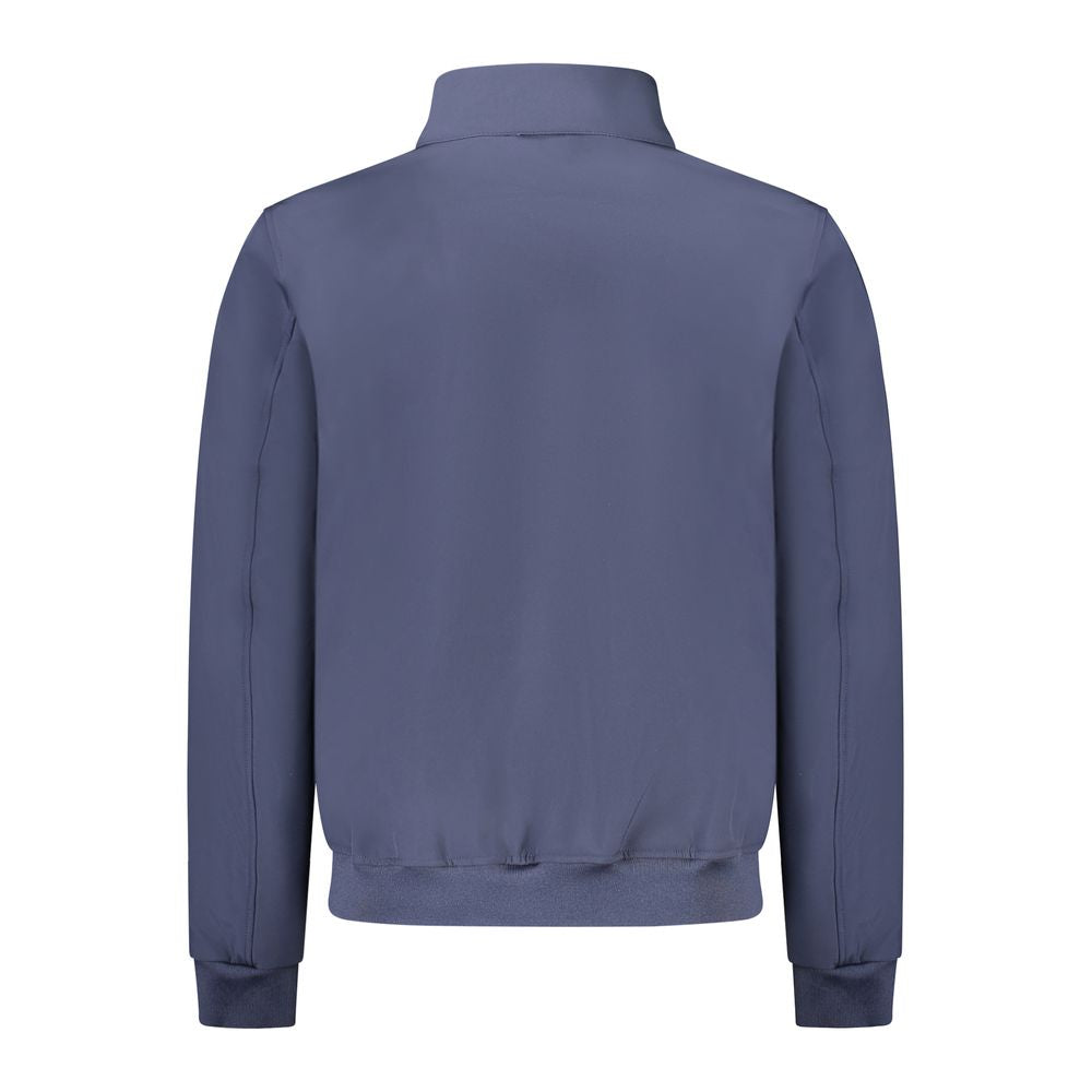 Norway 1963 blue polyester men's jacket with front zipper and collar, casual style, shown on a hanger.