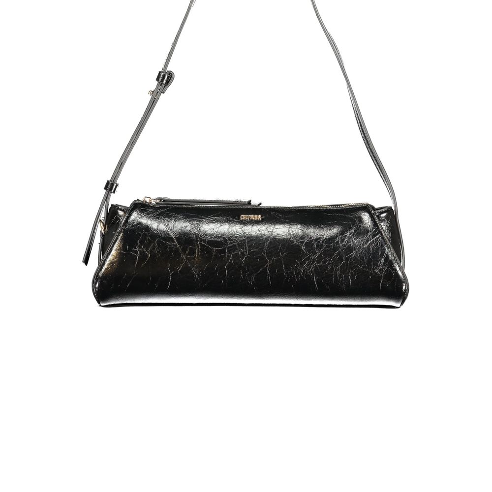 Black Guess Jeans polyurethane women's handbag with sleek design and silver hardware, featuring a top handle and spacious interior.