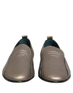 Dolce & Gabbana Silver Leather Logo Slip On Loafers Shoes