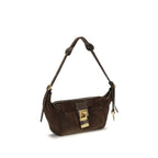 Chloé brown calf leather Bos Taurus shoulder bag with top handle and gold-tone hardware on a plain background.