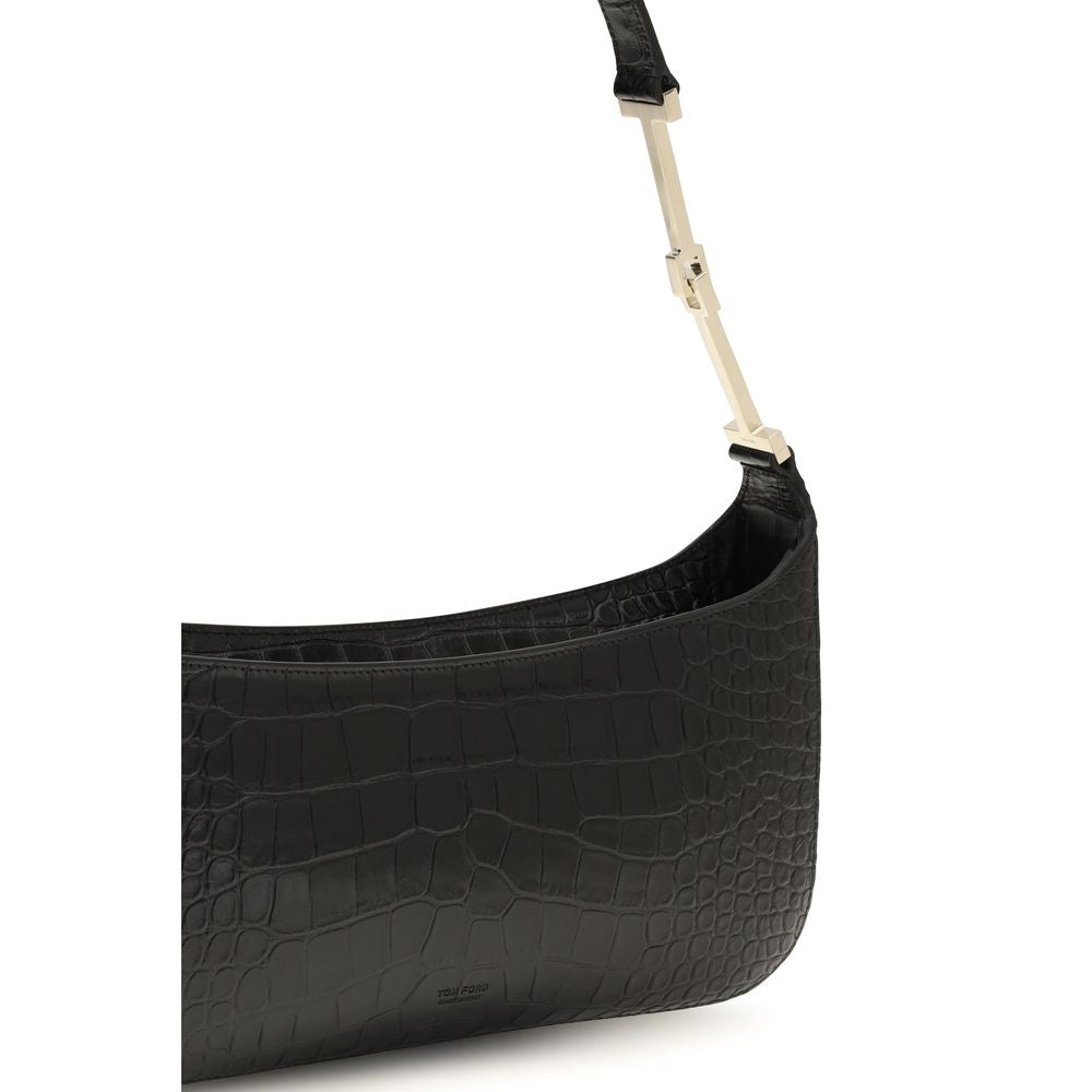 Tom Ford Black Calf Leather Bos Taurus Shoulder Bag with sleek design and silver hardware on smooth leather.