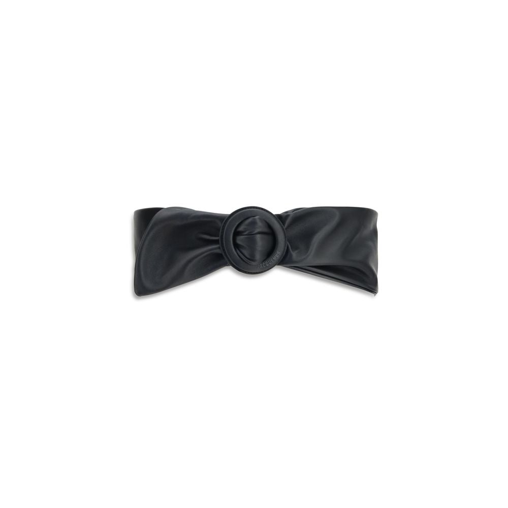 Black calf leather Bos Taurus high-waist belt by Jacquemus featuring a sleek design and a silver buckle.