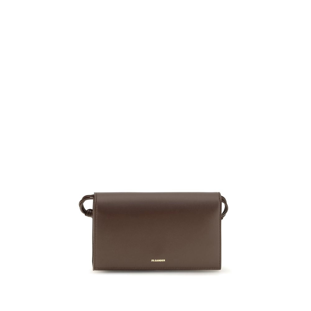 Jil Sander brown calf leather Bos Taurus wallet with sleek design and stitching, featuring multiple card slots and a minimalist style.