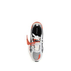 Off-White red polyethylene athletic sneakers with sleek design, featuring laces and sporty silhouette for active wear.
