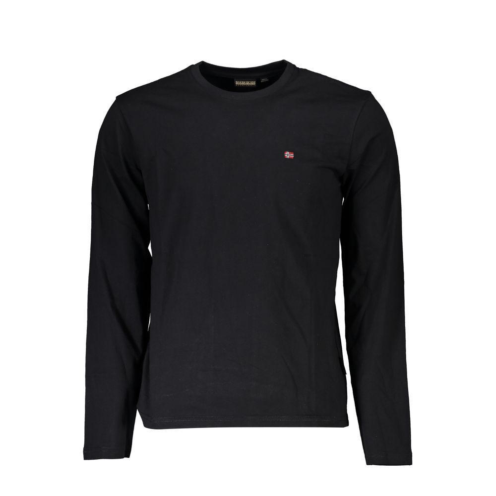 Black Napapijri men's cotton T-shirt laid flat, showcasing smooth fabric and classic crew neck style.
