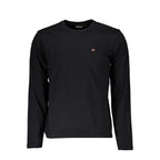 Black Napapijri men's cotton T-shirt laid flat, showcasing smooth fabric and classic crew neck style.