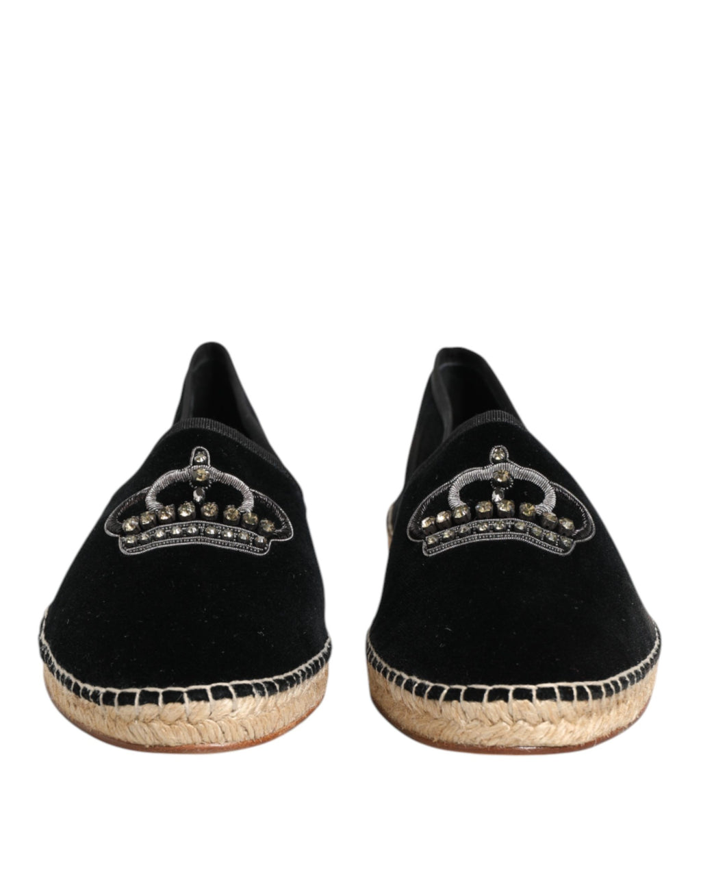Dolce & Gabbana Black Embellished Crown Flat Espadrilles Shoes