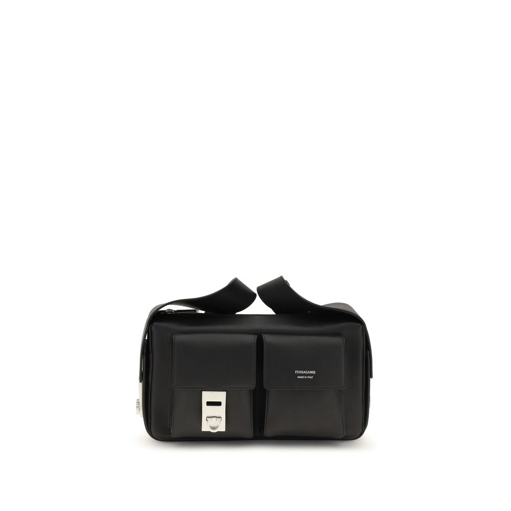 Ferragamo Black Calf Leather Bos Taurus Shoulder Bag - Eljoys Fashion 