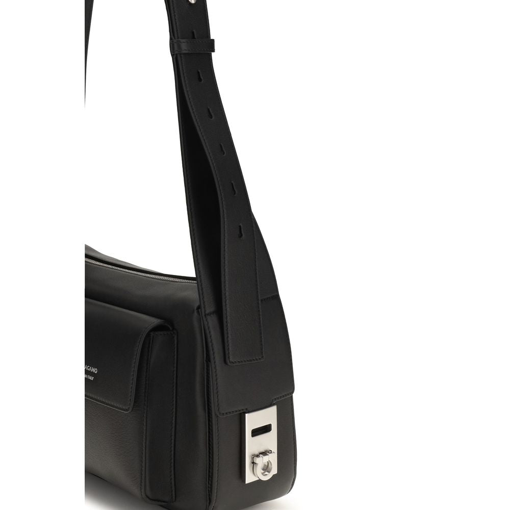 Ferragamo Black Calf Leather Bos Taurus Shoulder Bag - Eljoys Fashion 