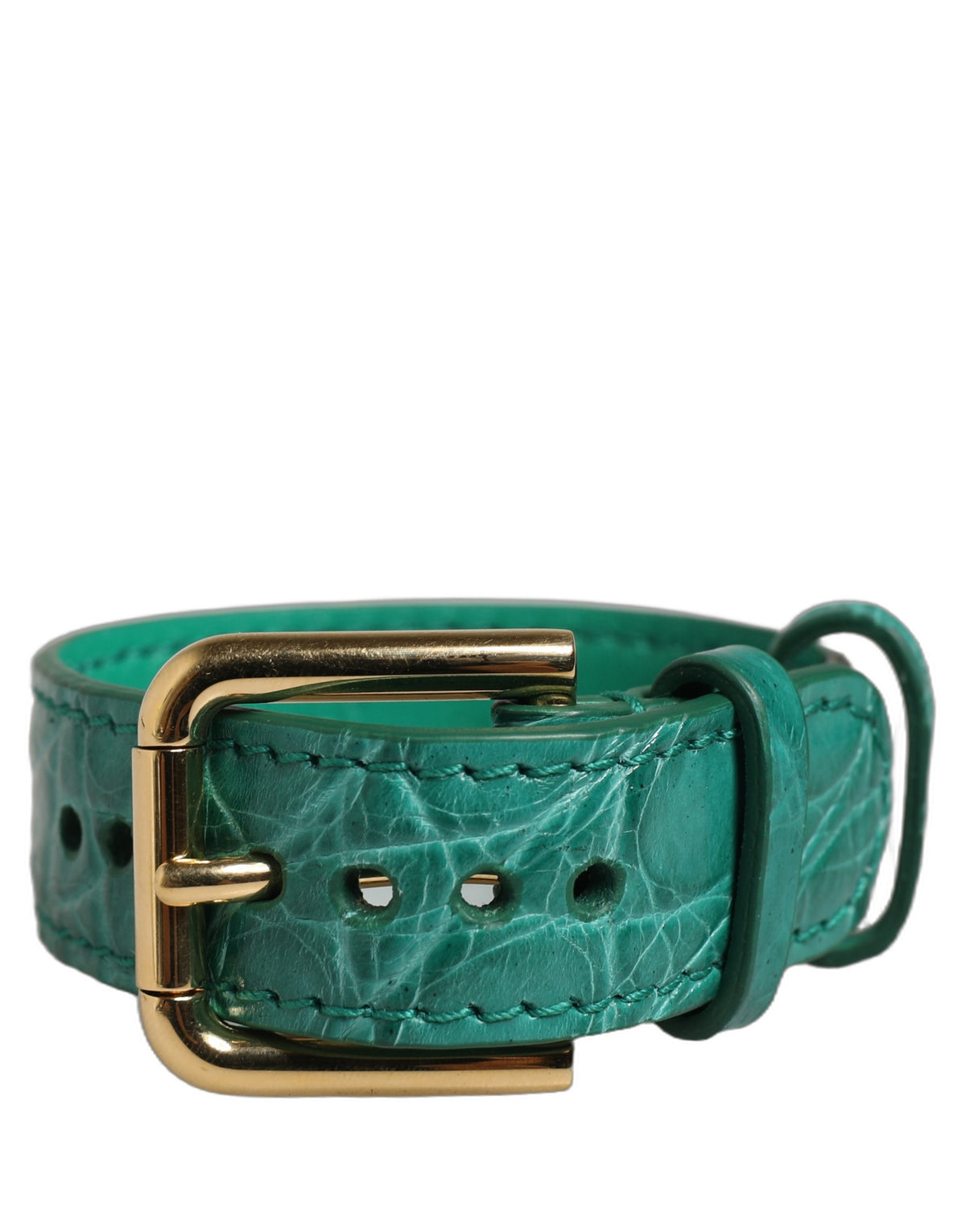 Dolce & Gabbana Green Embossed Leather Gold Buckle Belt Strap Bracelet - Eljoys Fashion 