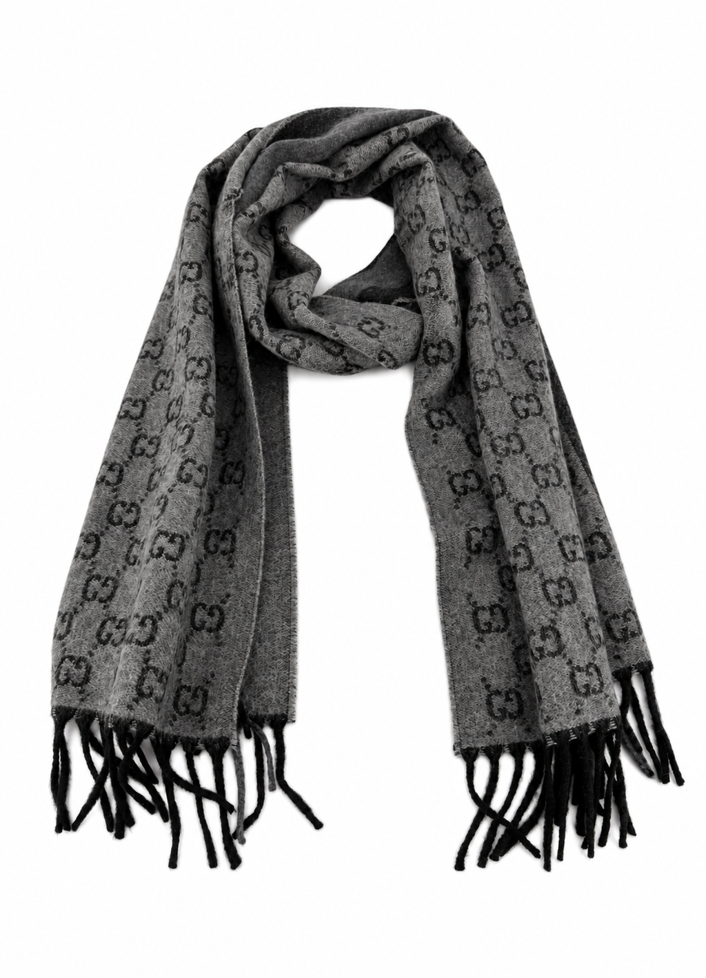 Gucci Monogram Grey Wool Scarf with Fringe - Eljoys Fashion 