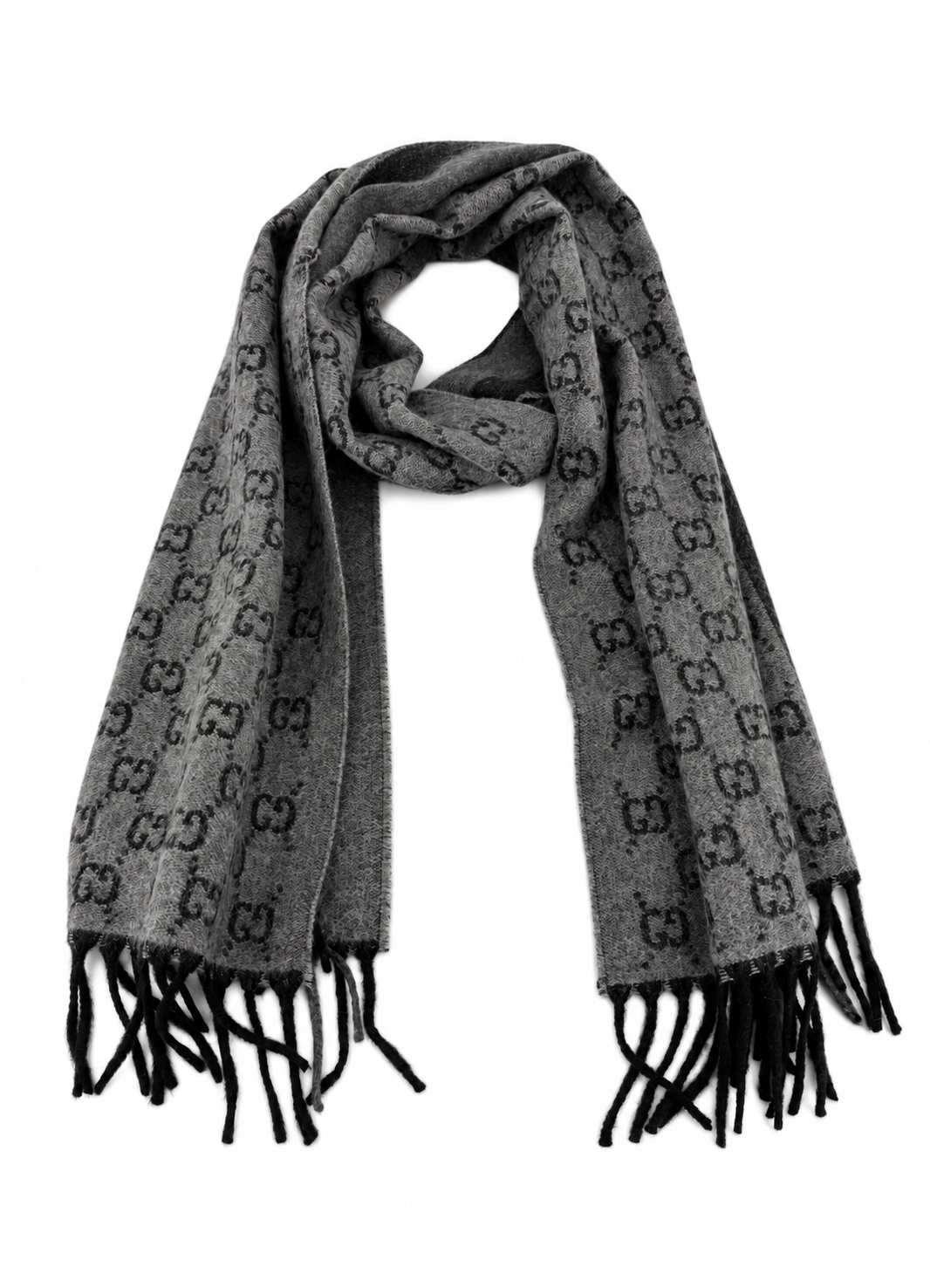 Gucci Monogram Grey Wool Scarf with Fringe - Eljoys Fashion 