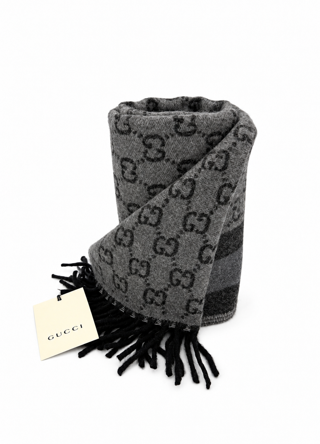 Gucci Monogram Grey Wool Scarf with Fringe - Eljoys Fashion 