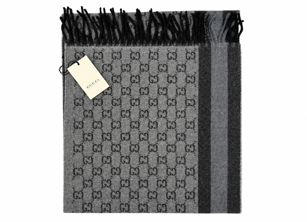 Gucci Monogram Grey Wool Scarf with Fringe - Eljoys Fashion 