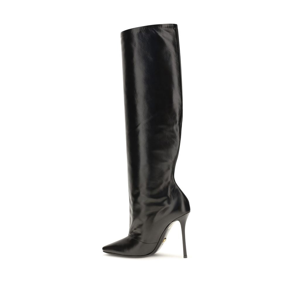 Dolce & Gabbana Black Calf Leather Bos Taurus High Heel Boots - Eljoys Fashion 